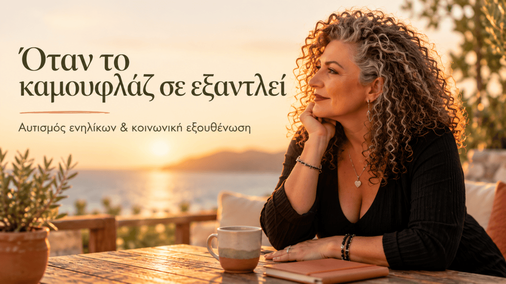 Γυναίκα σε ήρεμο, ζεστό περιβάλλον με τίτλο «Όταν το καμουφλάζ σε εξαντλεί» και υπότιτλο για τον αυτισμό ενηλίκων και την κοινωνική εξουθένωση.